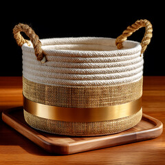 Elegant Decorative Basket with Golden Accents and Textured Details