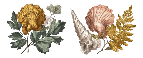 Elegant Floral and Shell Illustrations with Leaves