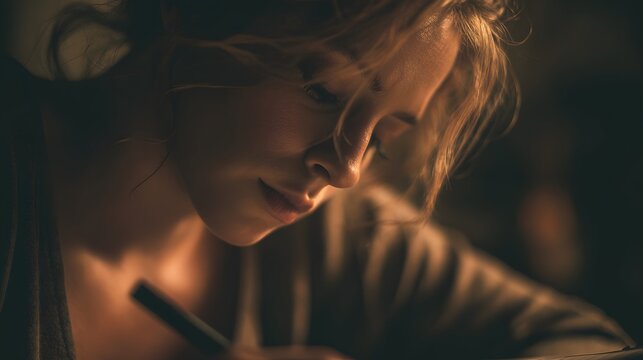 Woman's focused face illuminated by warm light as she writes.