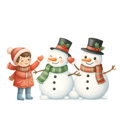 Happy Snowy Day with Boy and Snowman Character