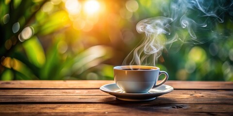 Steam rising from a cup of hot coffee on a wooden table