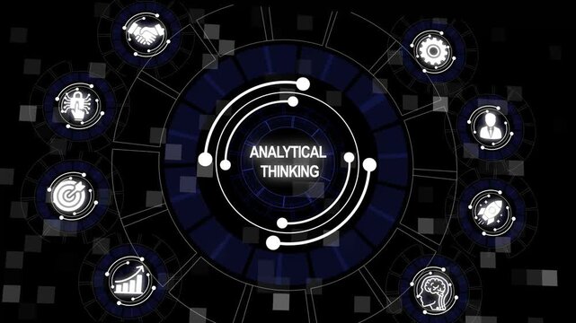 Digital visualization of analytical thinking and innovation with futuristic icons