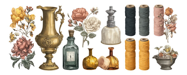 Vintage Illustrations of Objects with Floral Accents