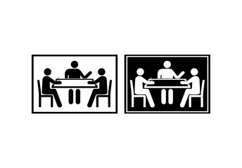 Icon illustration of a business meeting with people sitting around a table, representing teamwork, discussion, and decision-making in both light and dark versions.