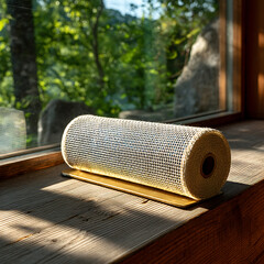 Textured Yoga Mat Rolled on Sunny Window Sill with Green Background
