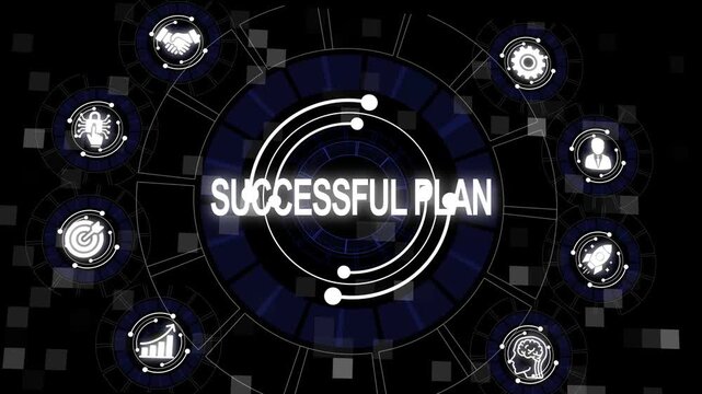 Animated visual depicting a successful plan with relevant icons and futuristic design