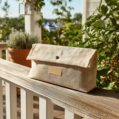 Natural Fabric Organizer Bag on Wooden Deck with Greenery Background