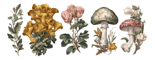 Colorful Wild Flora and Mushrooms on Transparent Background