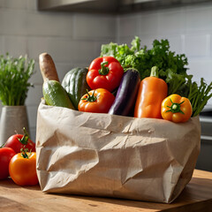 Unpacked grocery bag filled with fresh vegetables on kitchen table symbolizing everyday home lifestyle and healthy organic food habit