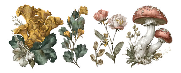 Vibrant Floral and Mushroom Illustrations Isolated