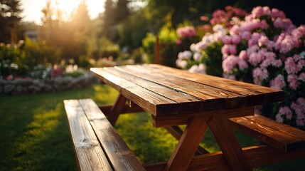 Fototapeta premium Wooden picnic table in a sunlit garden with blooming flowers.