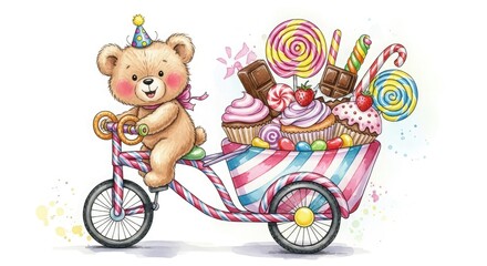 Fototapeta premium Teddy bear on bicycle with candy cupcakes lollipops sweets birthday party watercolor illustration art