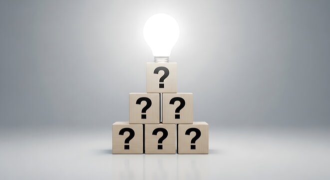 A pyramid of wooden blocks with question marks, topped by a glowing light bulb symbolizing a bright idea