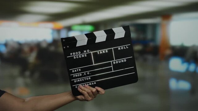 Man holding clapperboard in indoor airport terminal setting, capturing the cinematic ambiance among blurred travelers in the background.