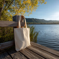 Minimalist Canvas Tote Bag on Wooden Dock by Calm Water at Sunrise
