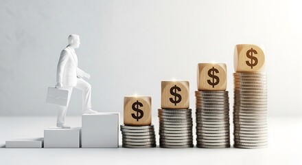 Man in suit climbing stairs made of money signifying financial growth and career advancement opportunities