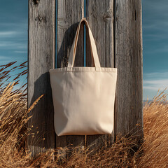 Minimalist Tote Bag Hanging on Rustic Wooden Post in Field
