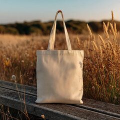 Minimalist Beige Tote Bag on Rustic Wooden Bench in Nature