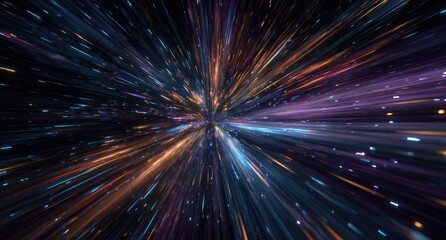 Abstract burst of colorful energy lines radiating outward from a central point against a dark space