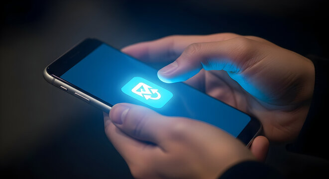 Finger presses glowing refresh icon on smartphone screen in modern tech setting