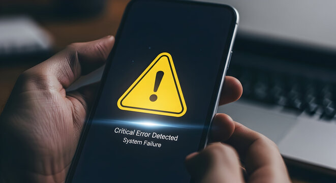 Smartphone displays critical error message, system failure alert