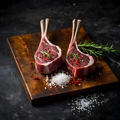 Close-up view of raw lamb chops on rustic table sprinkled with sea salt and red chili flakes showing dark moody detailed surface texture