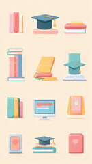 A collection of flat design icons representing books, graduation caps, and a computer, set against a soft, textured background.