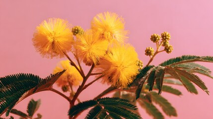 Obraz premium Delicate yellow powderpuff flowers bloom on feathery green foliage.