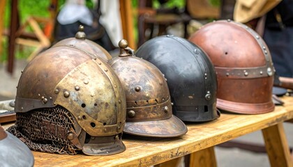 Medieval Helmets Displayed on Wooden Table