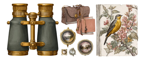 Vintage Adventure Gear with Bird Illustration Elements