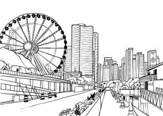 Great view of Chicago. USA. Urban sketch. Hand drawn cityscape. Line art. Black and White illustration. Vector background. Postcard style.