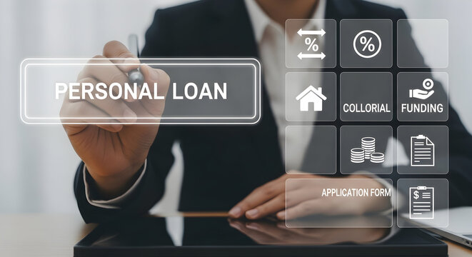 Professional interacts with personal loan interface for financial solutions