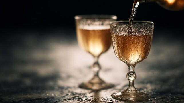 fine. Two elegant wine glasses being filled in a softly lit, blurred restaurant setting. bar promotions, beverage menus, designed for food & beverage menus and cafe branding.
