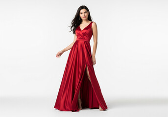 A young woman poses gracefully in a vibrant, flowing red gown, showcasing the dress's design.