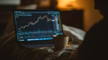 Fototapeta premium Person watches financial charts on a laptop with a mug.