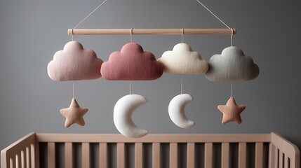 A soft cloud pastel mobile nursery decor baby crib moon and star plush toy hanging ornament neutral color modern design cozy mood