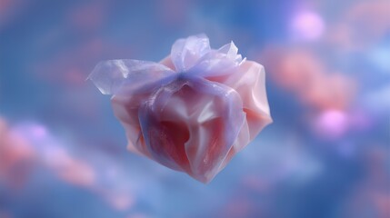 A soft pastel gift sheer ribbon pink wrapping floating present dreamy bokeh ethereal light delicate fabric romantic mood soft focus celebration surprise with gentle glow and whimsical charm