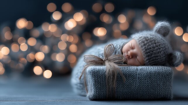 A cozy newborn sleeping baby knit hat soft blanket wrapped present twine bow warm bokeh dreamy night gentle light winter mood. cozy newborn sleeping baby knit hat soft blanket with wrapped present