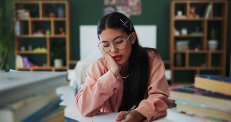 Girl, student and writing notes in home for school with calculator for project, task and assignment for education. Learner, tired and bored for studying or fatigue, wonder and solution for equation. - Powered by Adobe