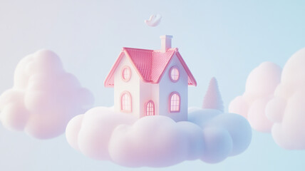 Sweet Cloud Home. A soft and cozy miniature house on clouds, representing comfort, imagination