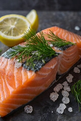 Raw salmon fillet seasoned with lemon slices, dill, and sea salt on gray stone background