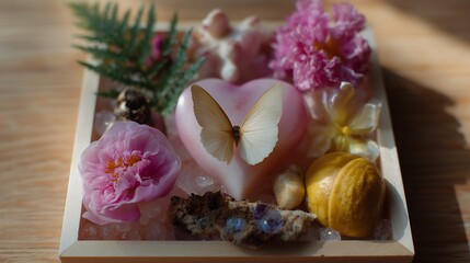 A heart soap white butterfly pink flower yellow fruit fern leaf crystal wooden tray natural light spa zen
