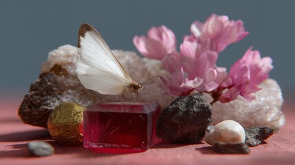 A white butterfly pink flower red crystal mineral stone natural light macro closeup delicate soft focus still life with insect, calm mood and gentle harmony