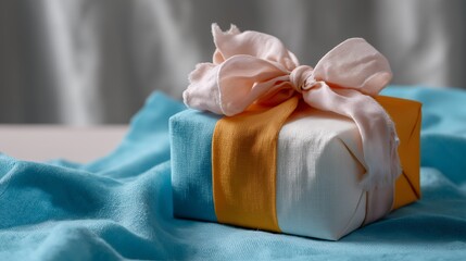 An elegant gift box pastel ribbon orange wrap soft fabric blue cloth delicate bow celebration present surprise minimal style