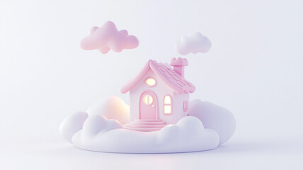 A cute pastel pink house floating on fluffy white clouds in a minimal dreamy atmosphere