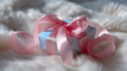 A pastel gift pink ribbon satin bow blue box fluffy fur soft light elegant present shines plush fur, satin bow loops curl gently, minimal style evokes warmth and romance for birthday, wedding