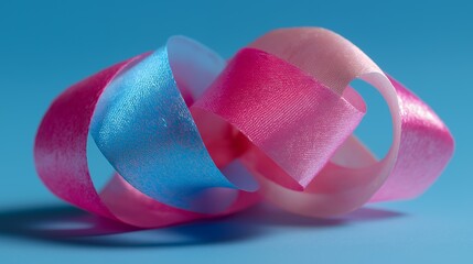 A pink ribbon blue ribbon satin ribbon curled ribbon gift wrap celebration festive decoration pastel color closeup macro shiny texture smooth fabric soft light studio lighting minimal style isolated