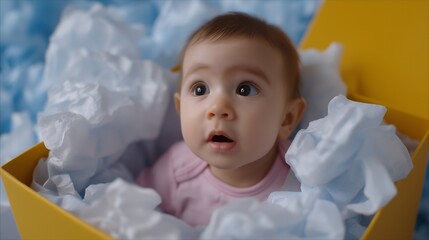 A curious baby yellow gift box soft tissue paper surprised expression adorable infant pink romper indoor portrait gentle light close up joyful mood create heartwarming scene with dreamy bokeh