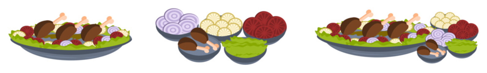 Isolated vector meat dishes with ingredients including lettuce, onion, tomatoes, chives and chicken wings for cuisine themes 