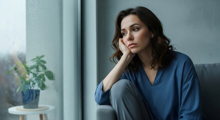 Woman by window looking sad, resting on arm in home interior